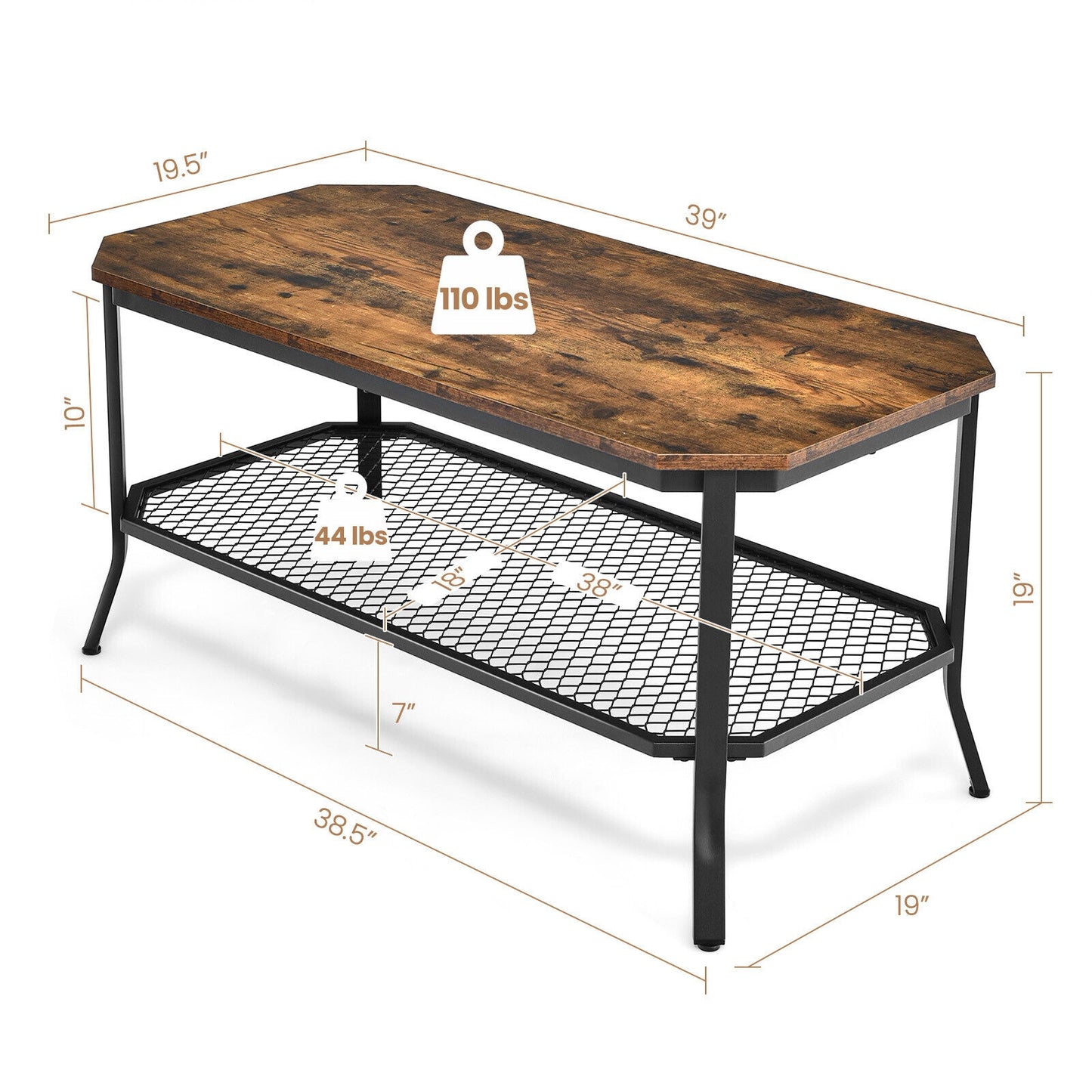 Industrial Coffee Table with Octagonal Top and Metal Mesh Storage Shelf
