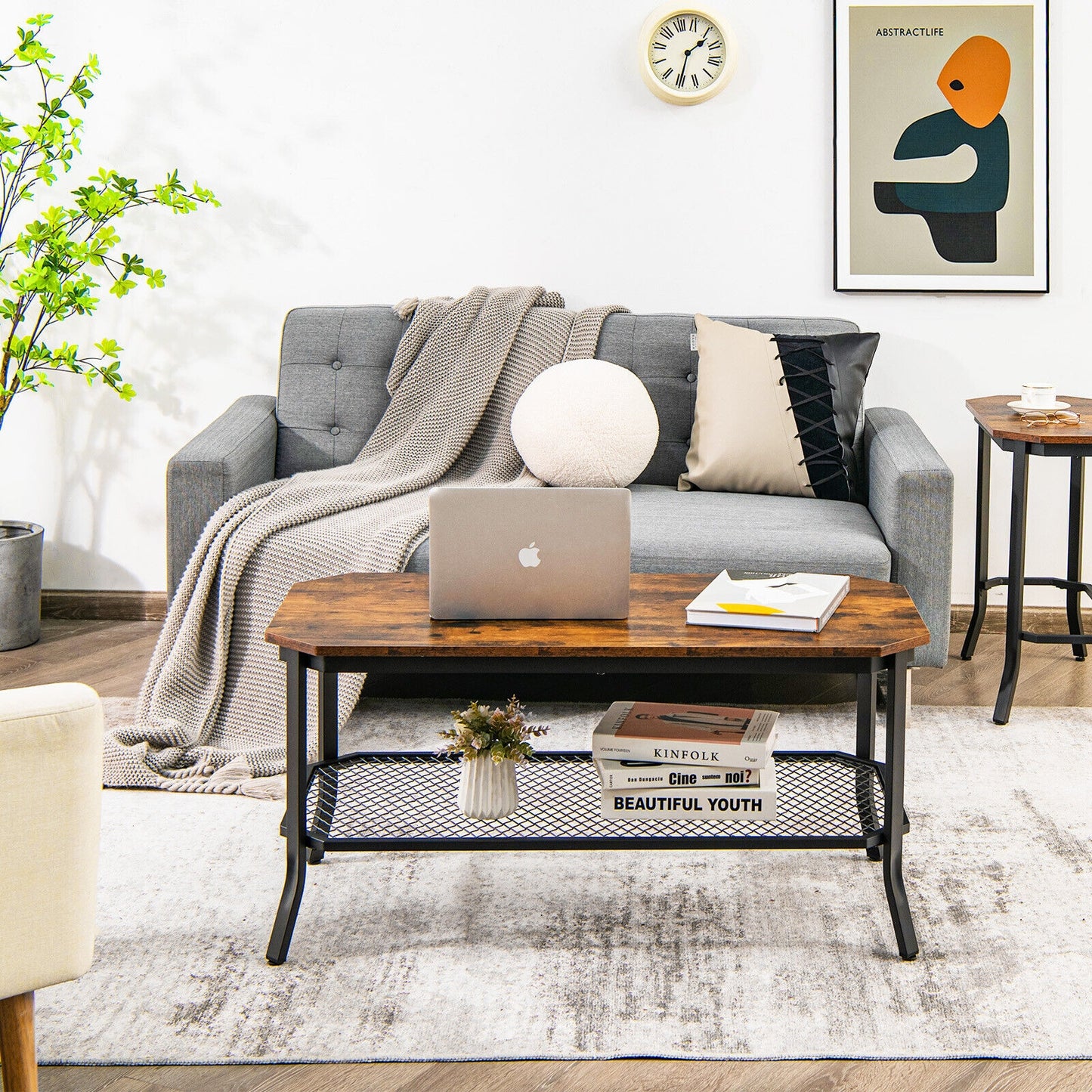 Industrial Coffee Table with Octagonal Top and Metal Mesh Storage Shelf