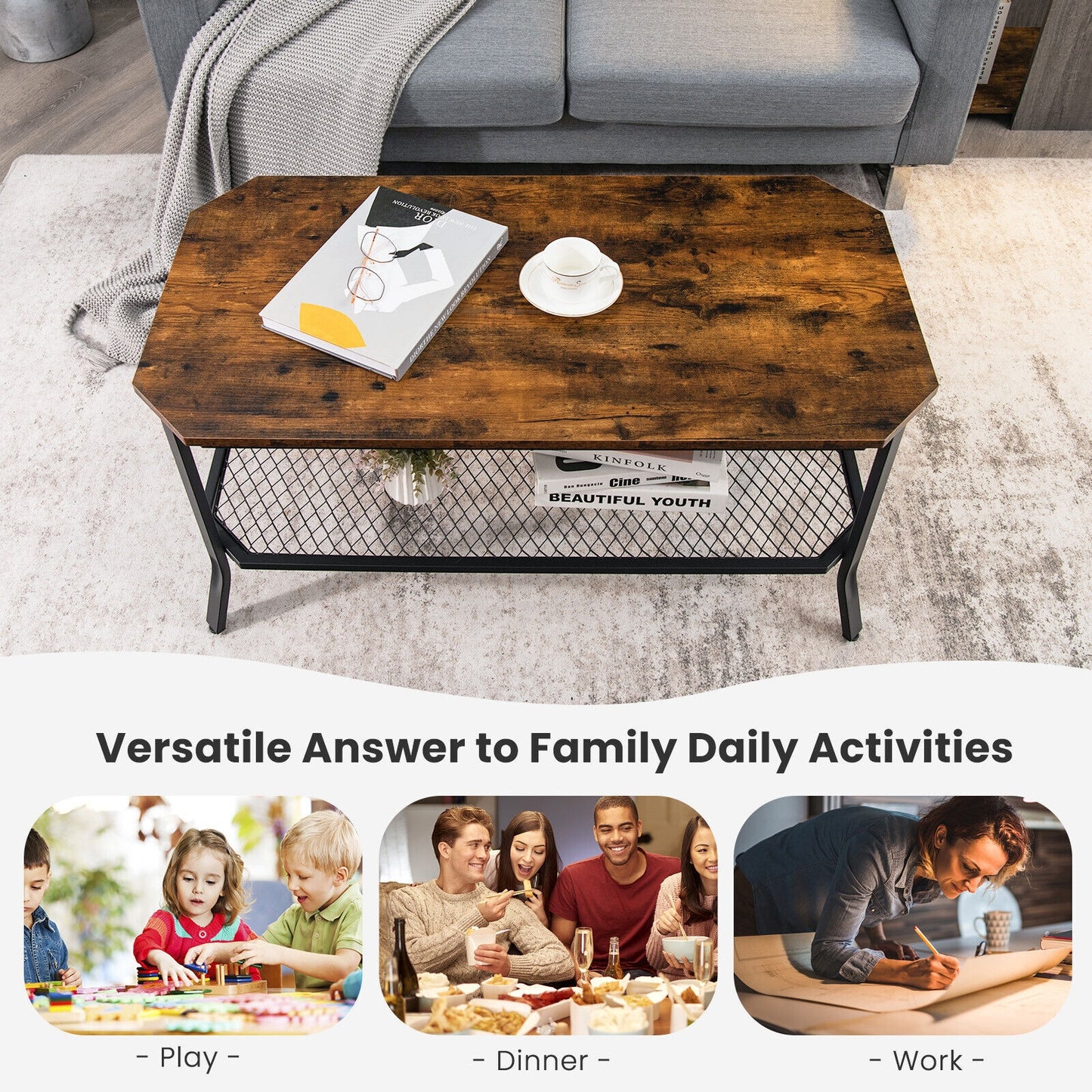 Industrial Coffee Table with Octagonal Top and Metal Mesh Storage Shelf