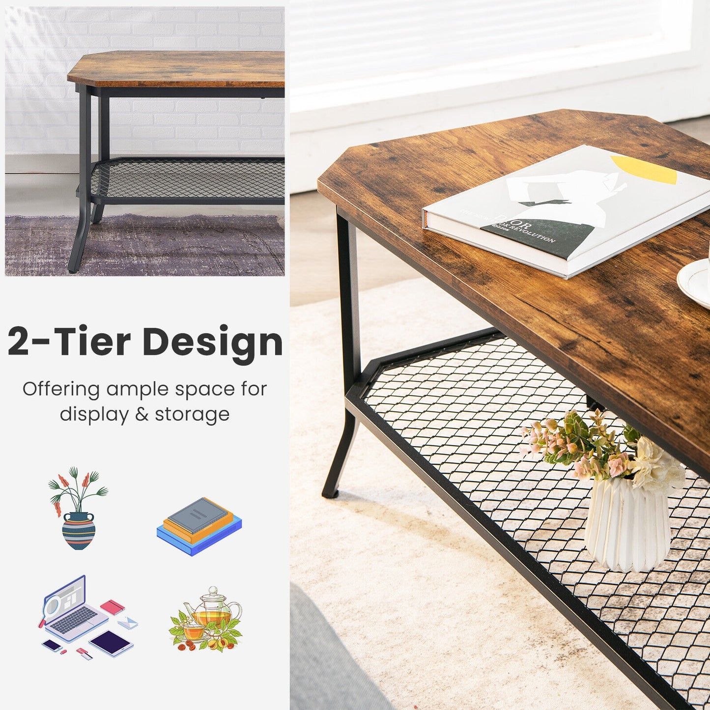 Industrial Coffee Table with Octagonal Top and Metal Mesh Storage Shelf