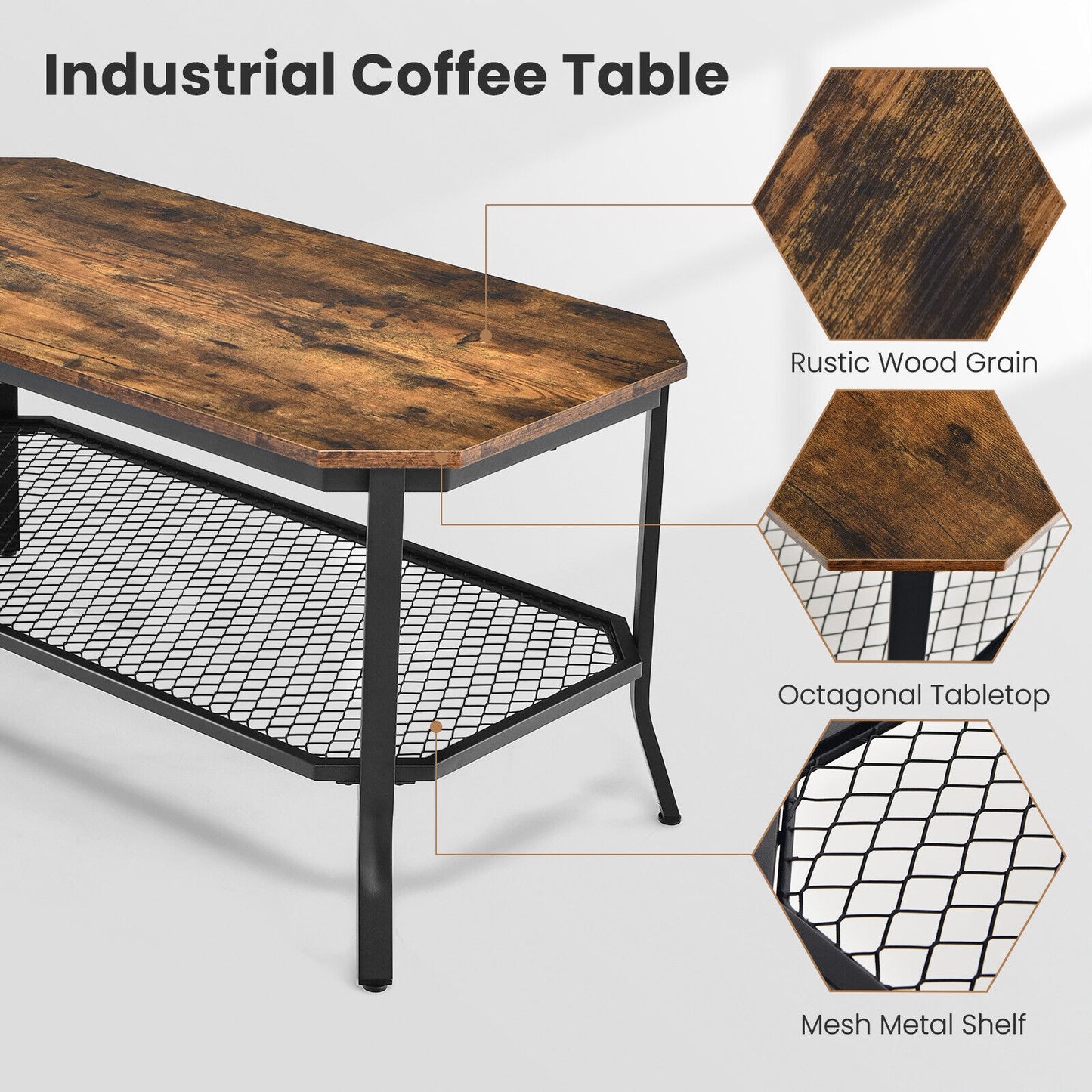 Industrial Coffee Table with Octagonal Top and Metal Mesh Storage Shelf