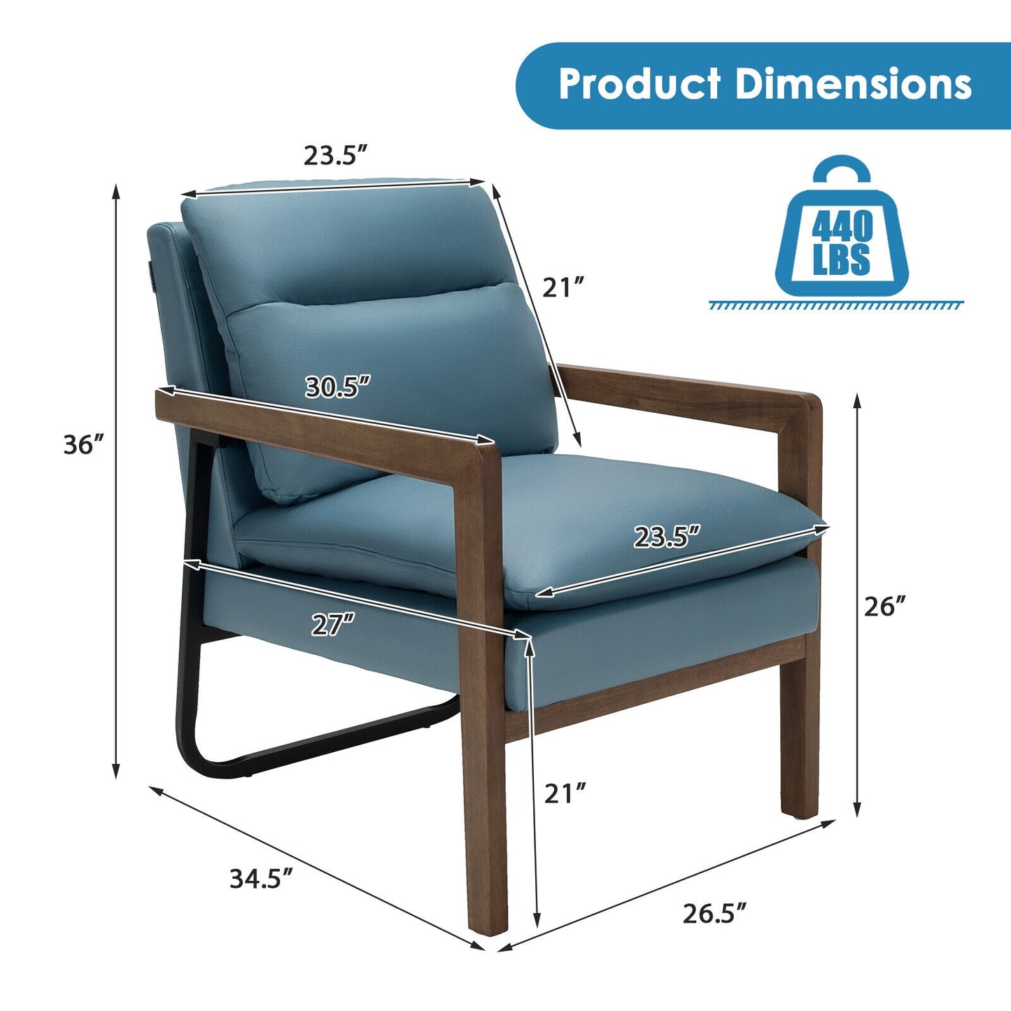 Cozy Upholstered Accent Chair with Thick Seat and Back Cushions – Blue