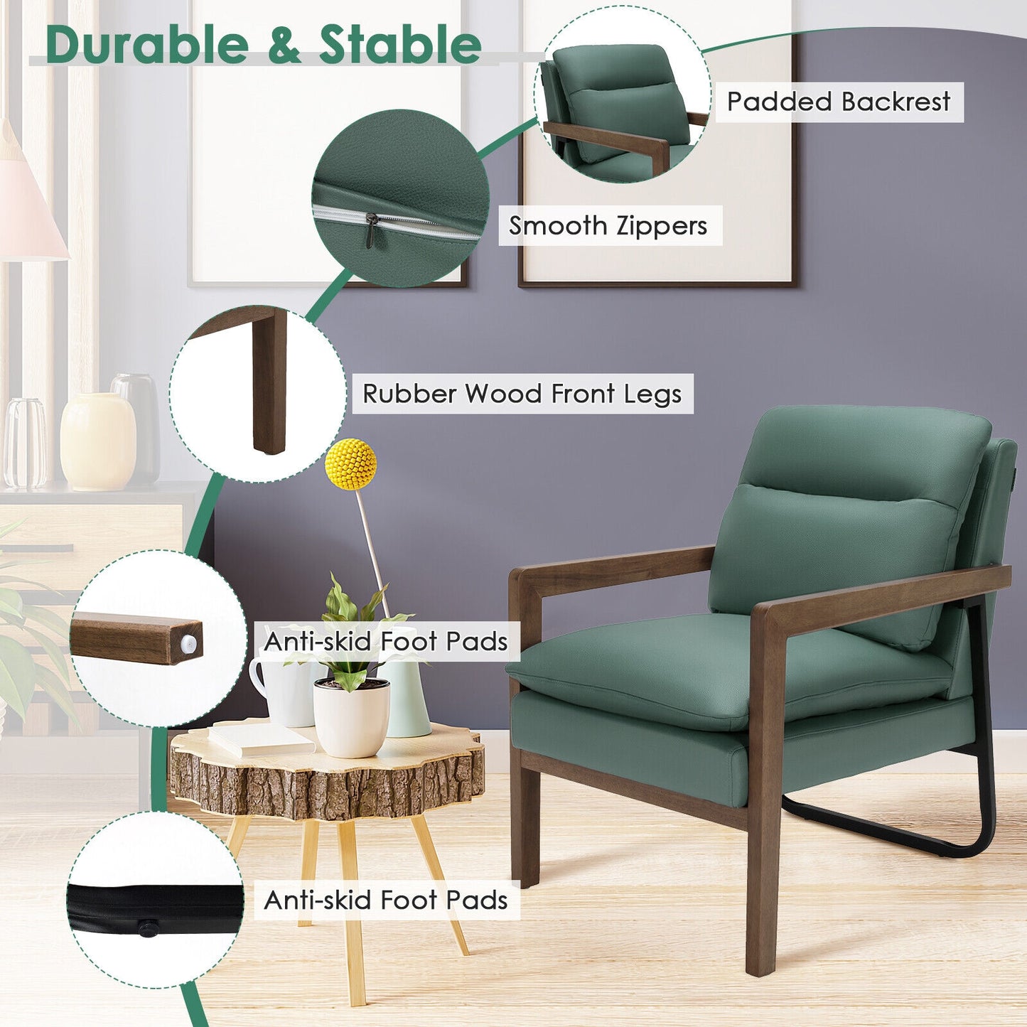 Cozy Upholstered Accent Chair with Thick Seat and Back Cushions – Green