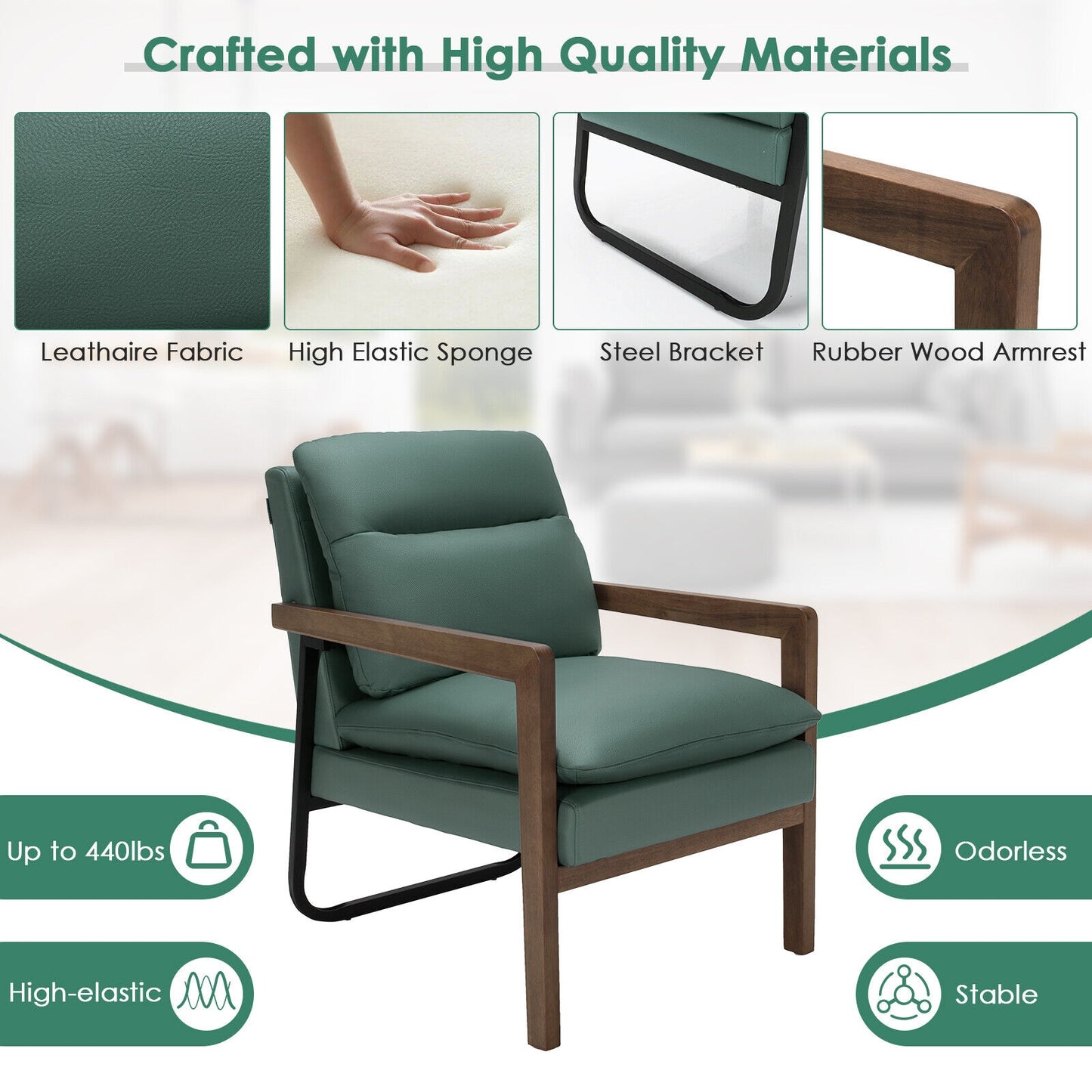 Cozy Upholstered Accent Chair with Thick Seat and Back Cushions – Green