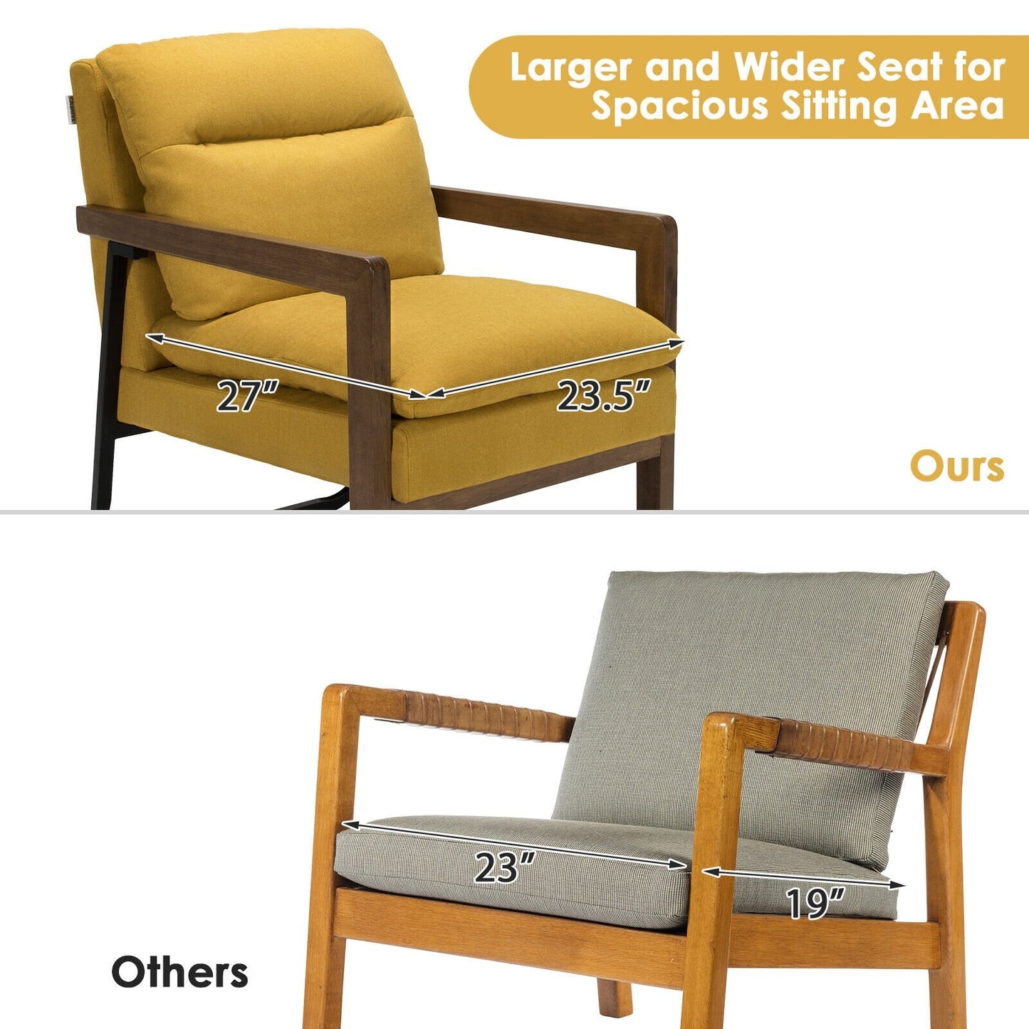 Cozy Upholstered Accent Chair with Thick Seat and Back Cushions – Yellow