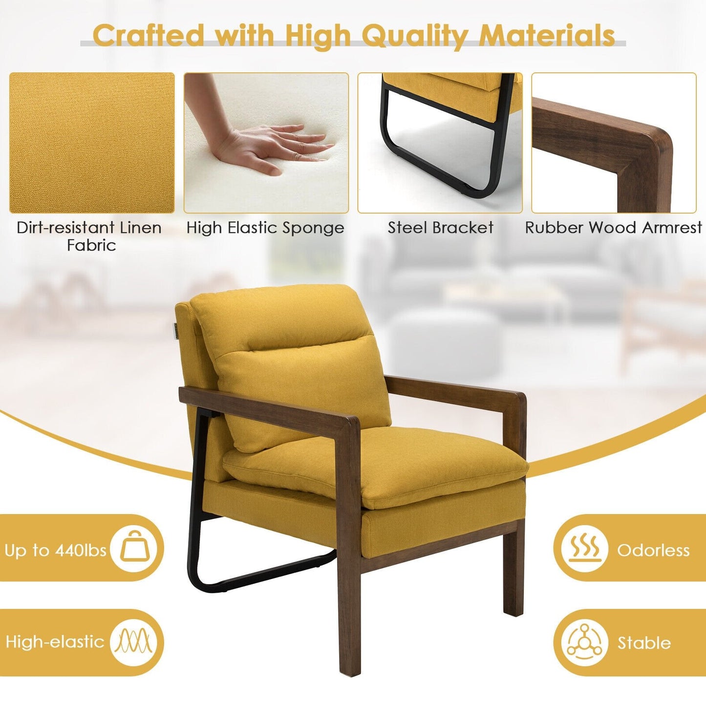 Cozy Upholstered Accent Chair with Thick Seat and Back Cushions – Yellow