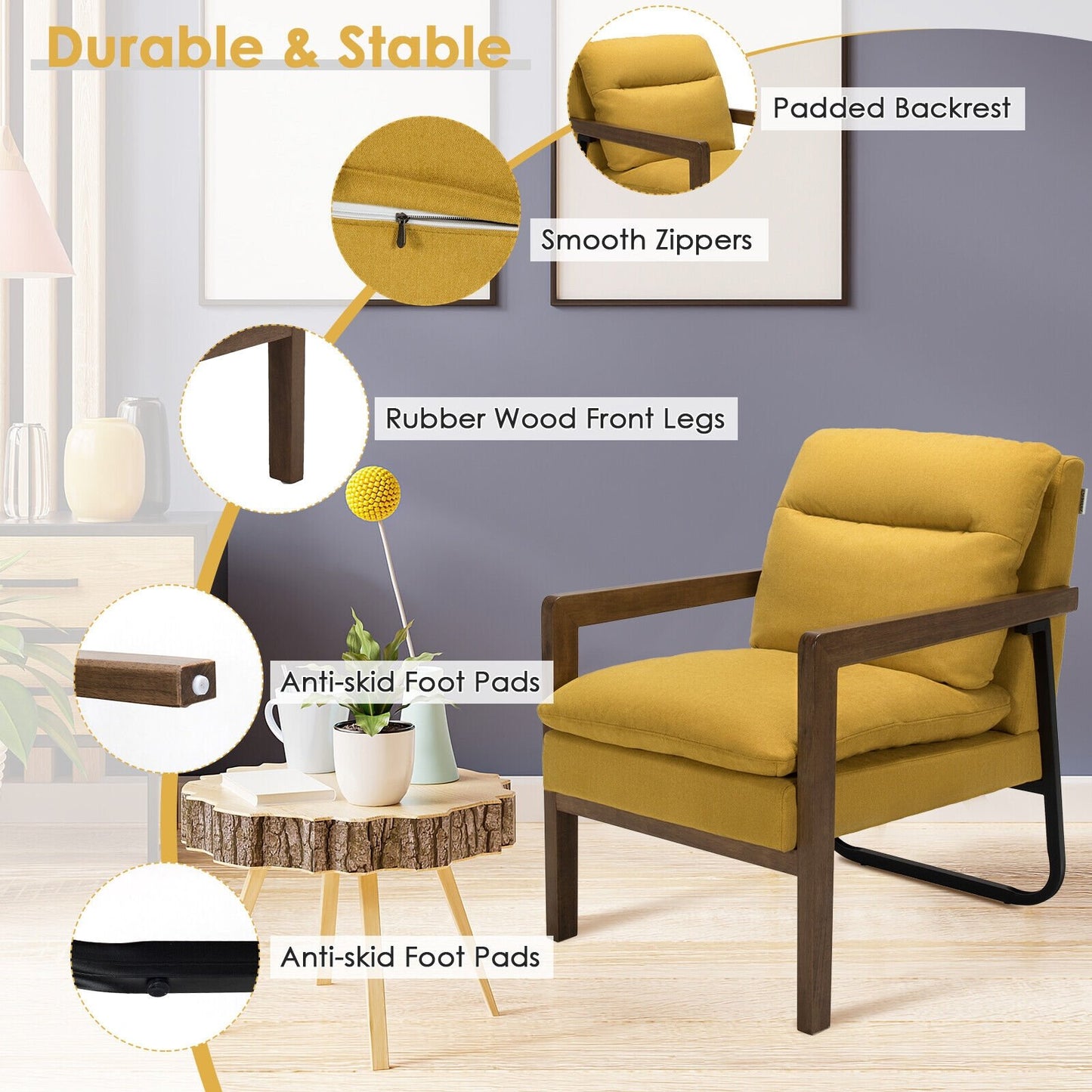 Cozy Upholstered Accent Chair with Thick Seat and Back Cushions – Yellow