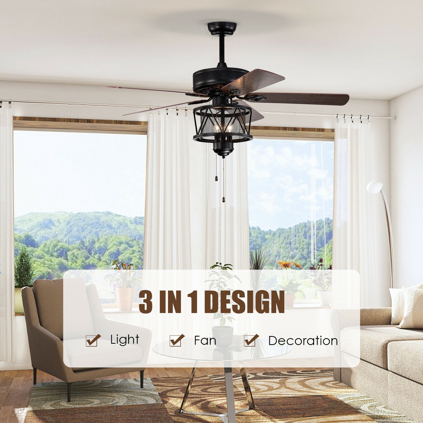 50 Inch Ceiling Fan with Reversible Blades, Lights, and Pull Chain Control