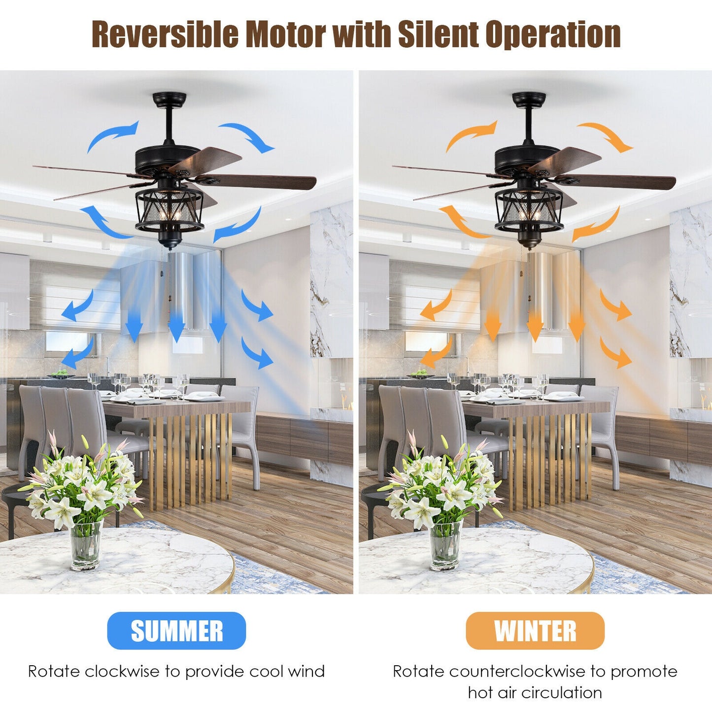 50 Inch Ceiling Fan with Reversible Blades, Lights, and Pull Chain Control