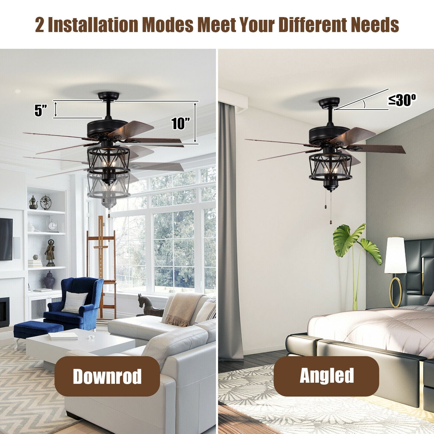 50 Inch Ceiling Fan with Reversible Blades, Lights, and Pull Chain Control