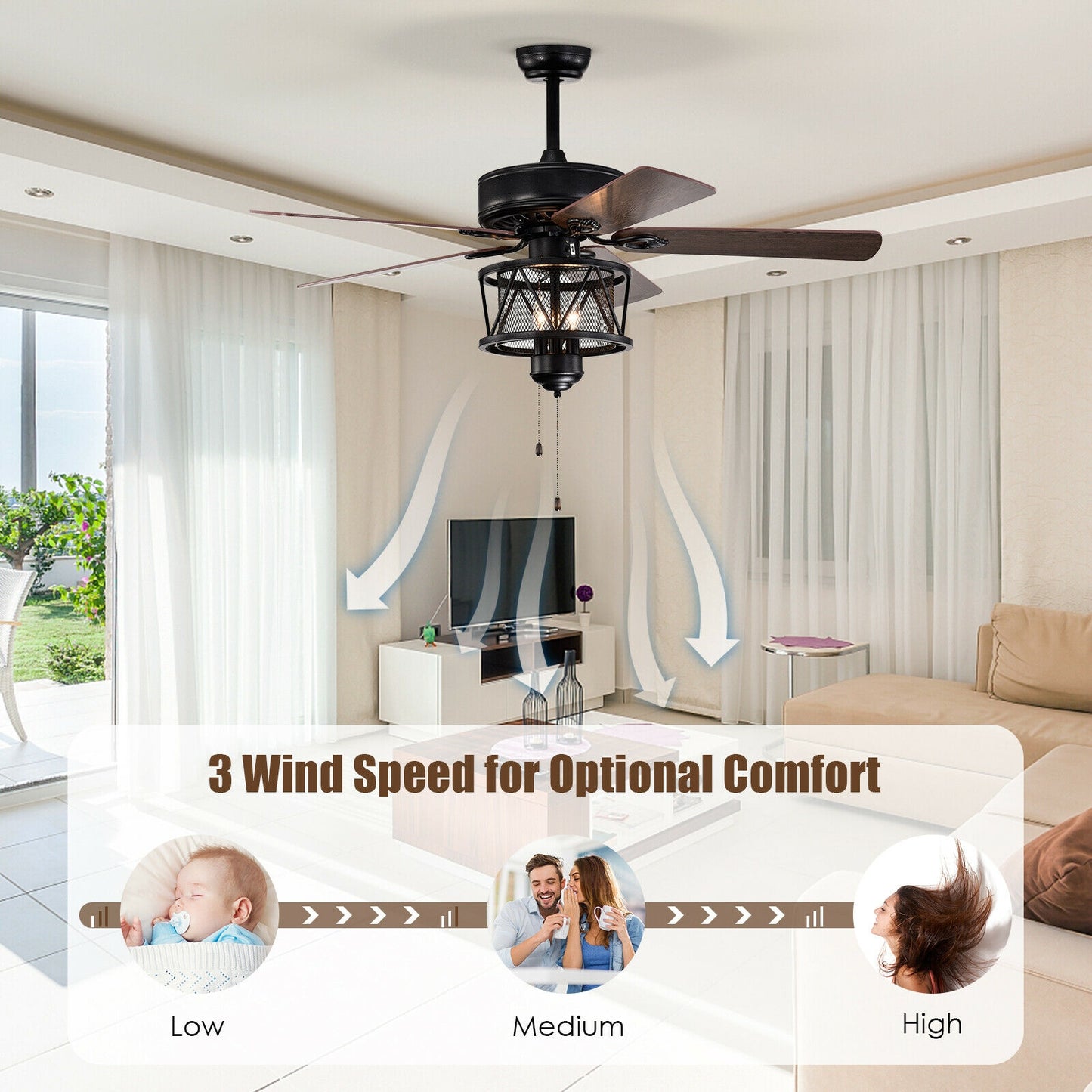 50 Inch Ceiling Fan with Reversible Blades, Lights, and Pull Chain Control