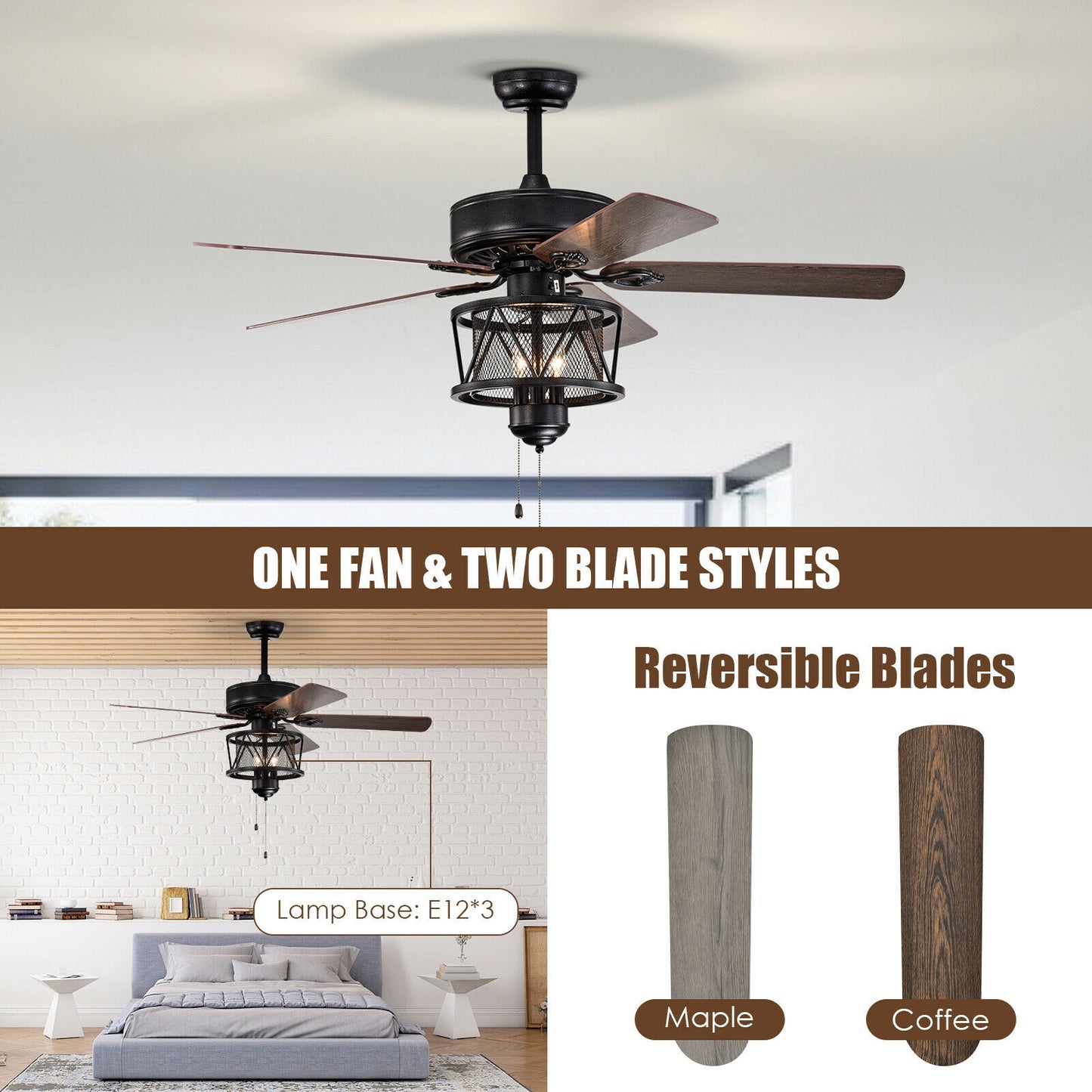50 Inch Ceiling Fan with Reversible Blades, Lights, and Pull Chain Control