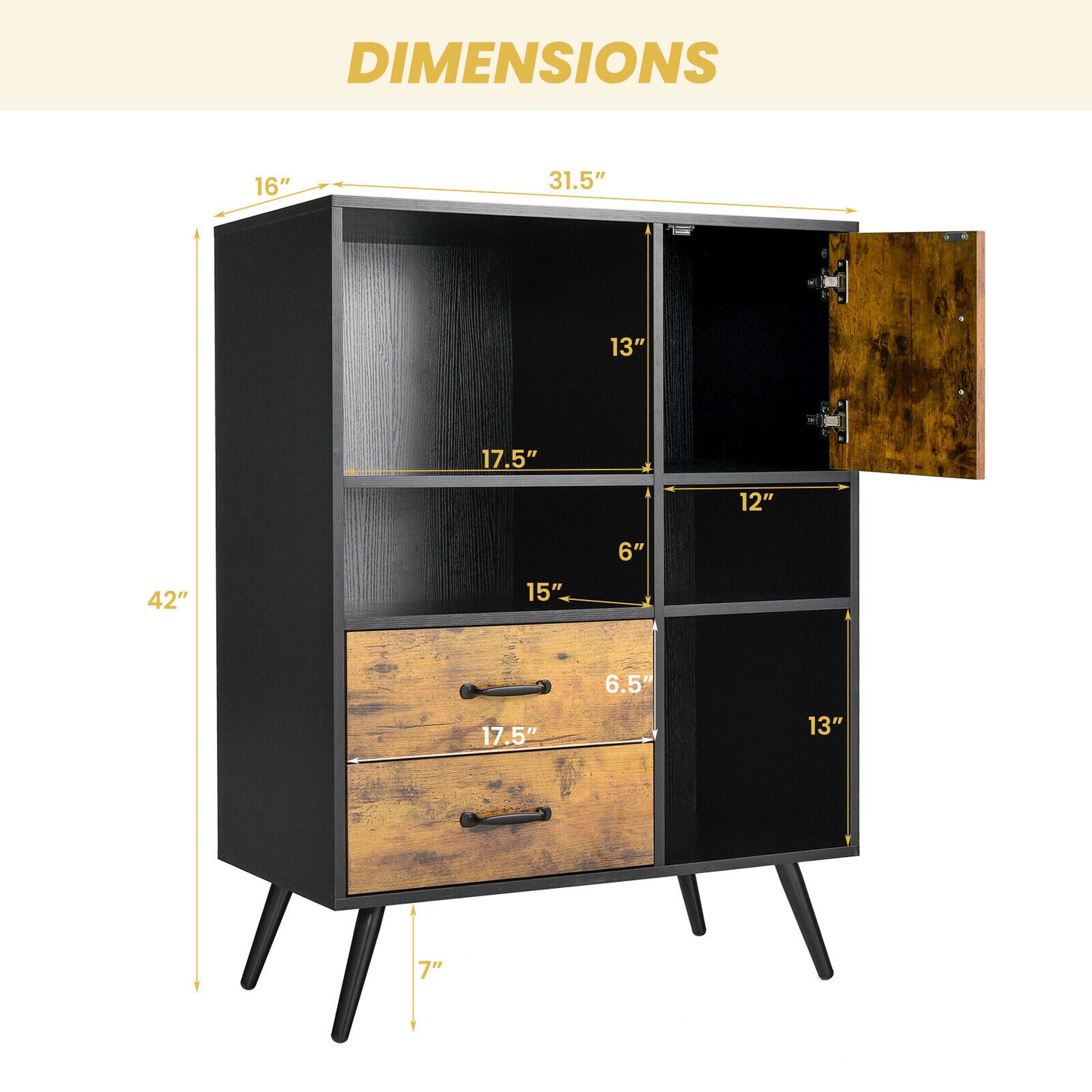 Mid-Century Modern Kitchen Buffet Cabinet with Storage Drawers Open Shelves and Single-Door Cupboard