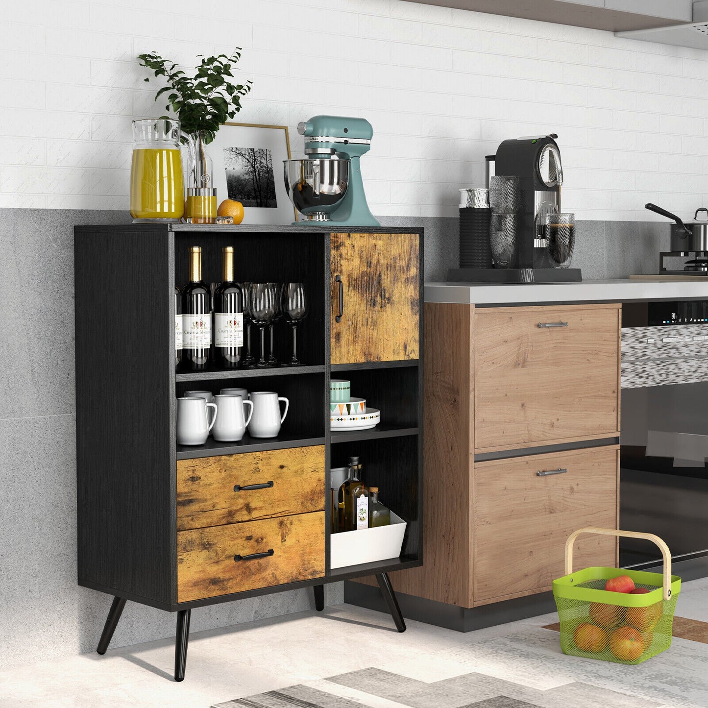 Mid-Century Modern Kitchen Buffet Cabinet with Storage Drawers Open Shelves and Single-Door Cupboard