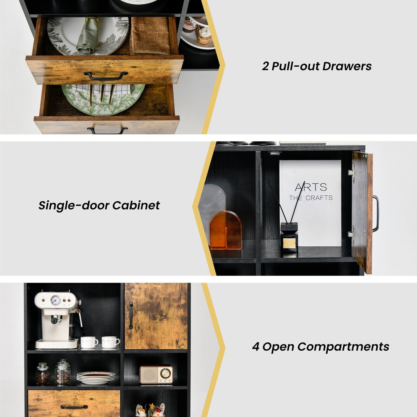 Mid-Century Modern Kitchen Buffet Cabinet with Storage Drawers Open Shelves and Single-Door Cupboard