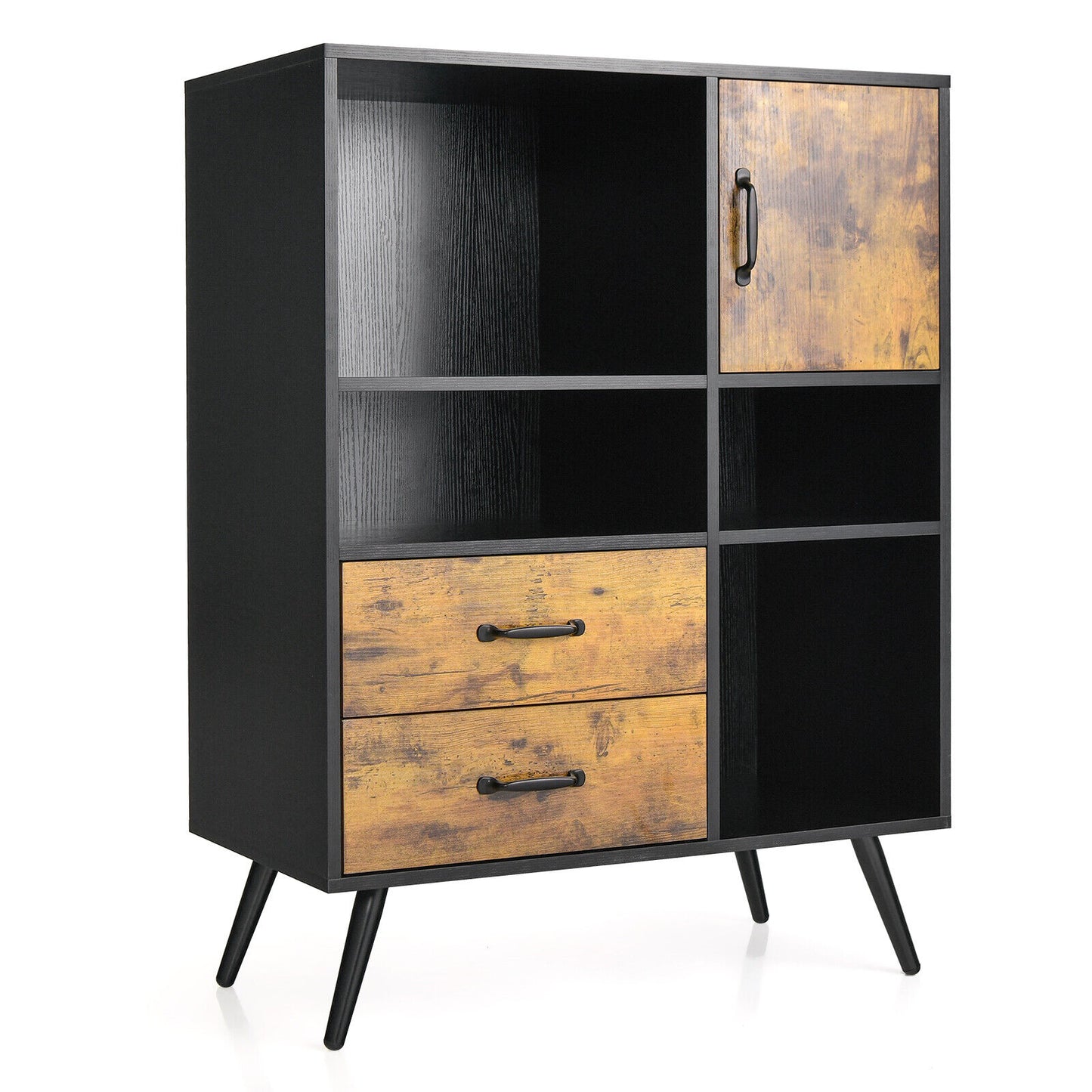 Mid-Century Modern Kitchen Buffet Cabinet with Storage Drawers Open Shelves and Single-Door Cupboard