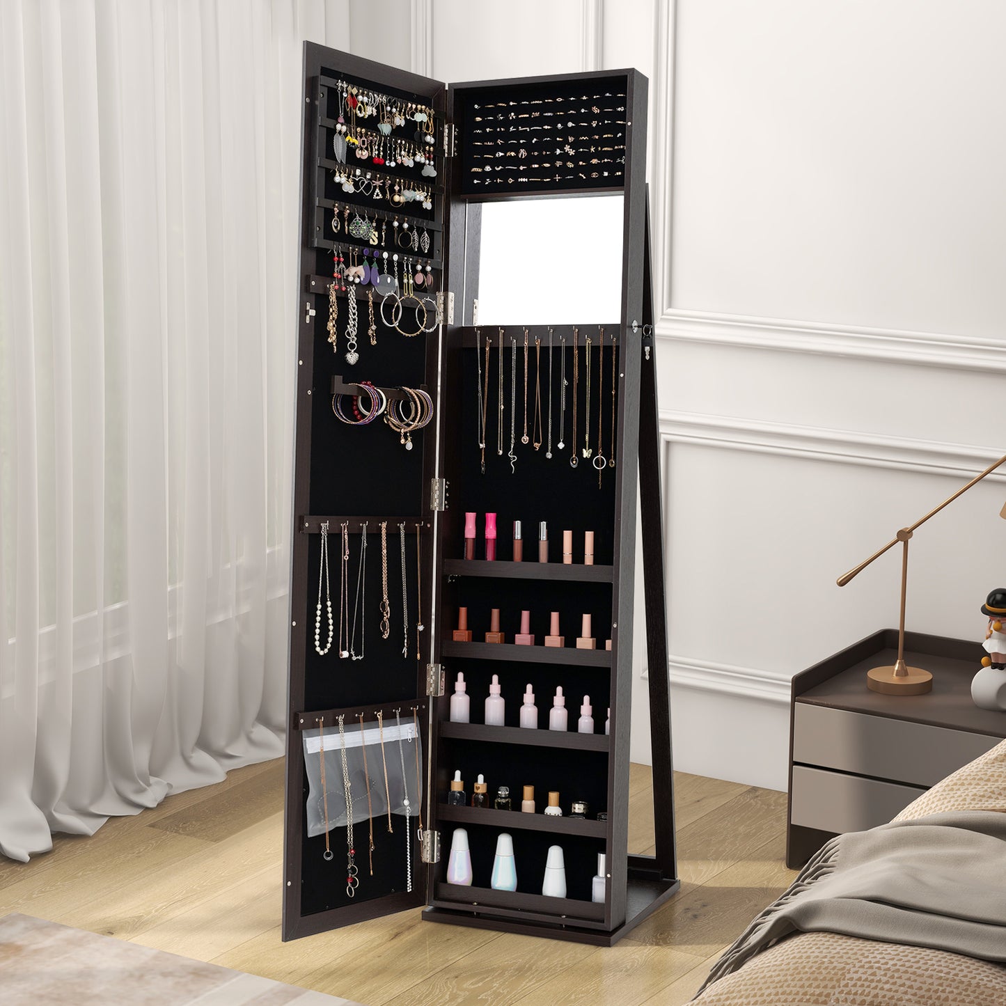 Tall Freestanding Mirror Jewelry Cabinet with Key Lock and Velvet Interior Coffee