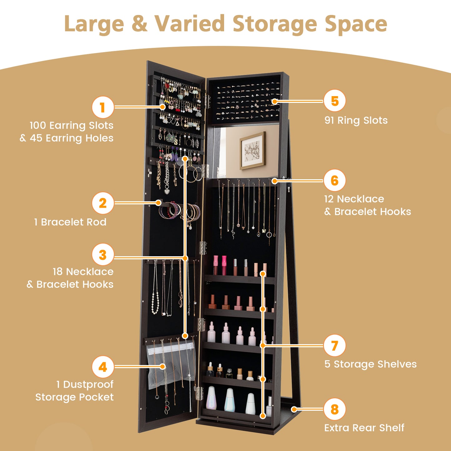 Tall Freestanding Mirror Jewelry Cabinet with Key Lock and Velvet Interior Coffee