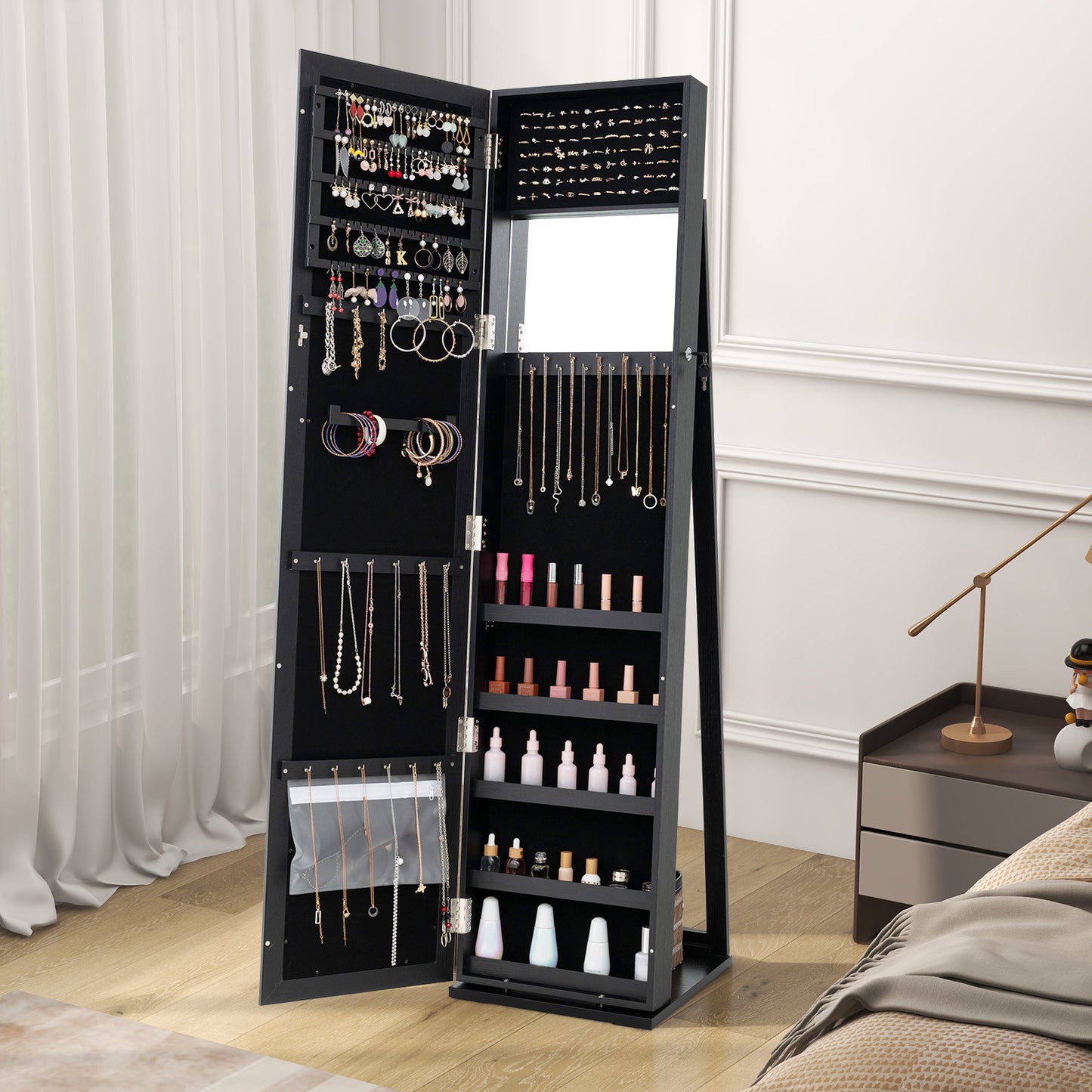 Tall Freestanding Mirror Jewelry Cabinet with Key Lock and Velvet Interior Black