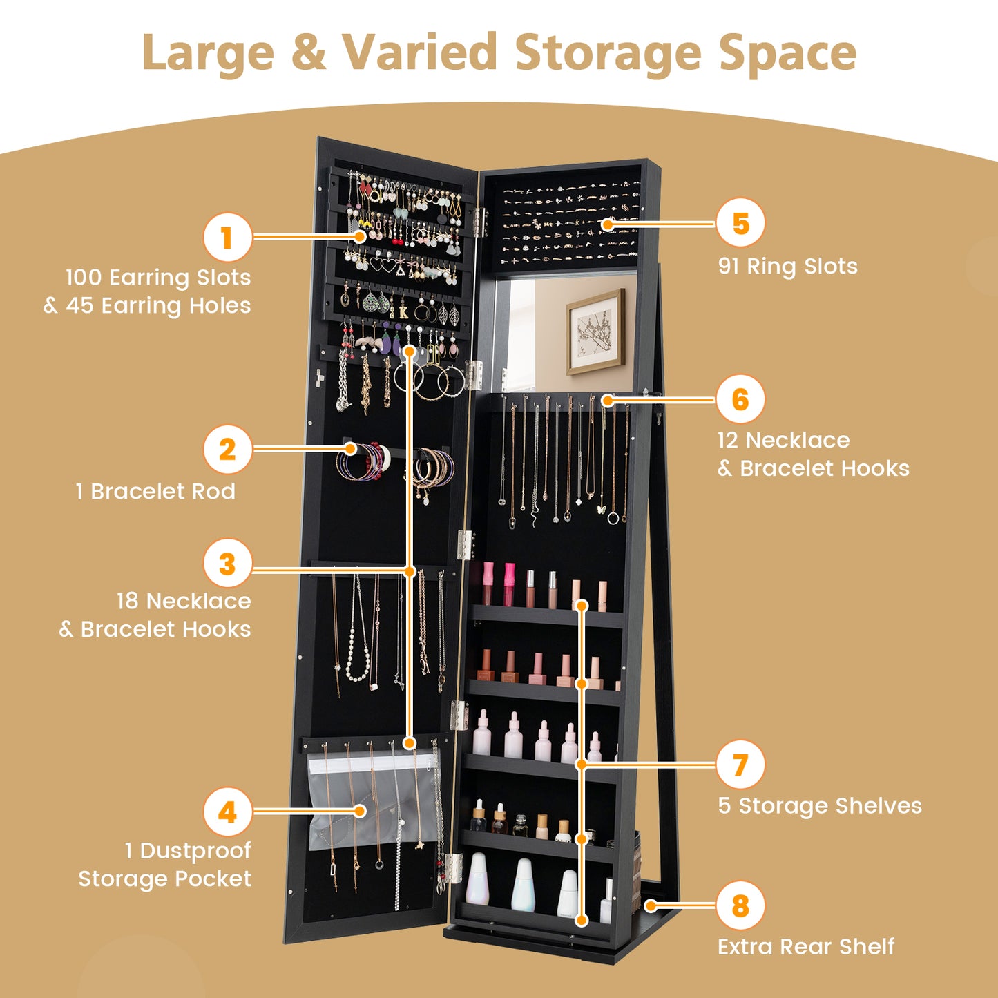 Tall Freestanding Mirror Jewelry Cabinet with Key Lock and Velvet Interior Black
