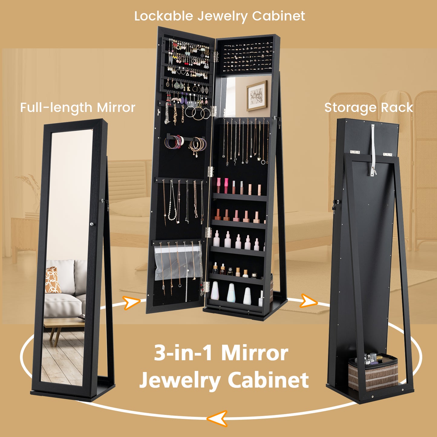 Tall Freestanding Mirror Jewelry Cabinet with Key Lock and Velvet Interior Black