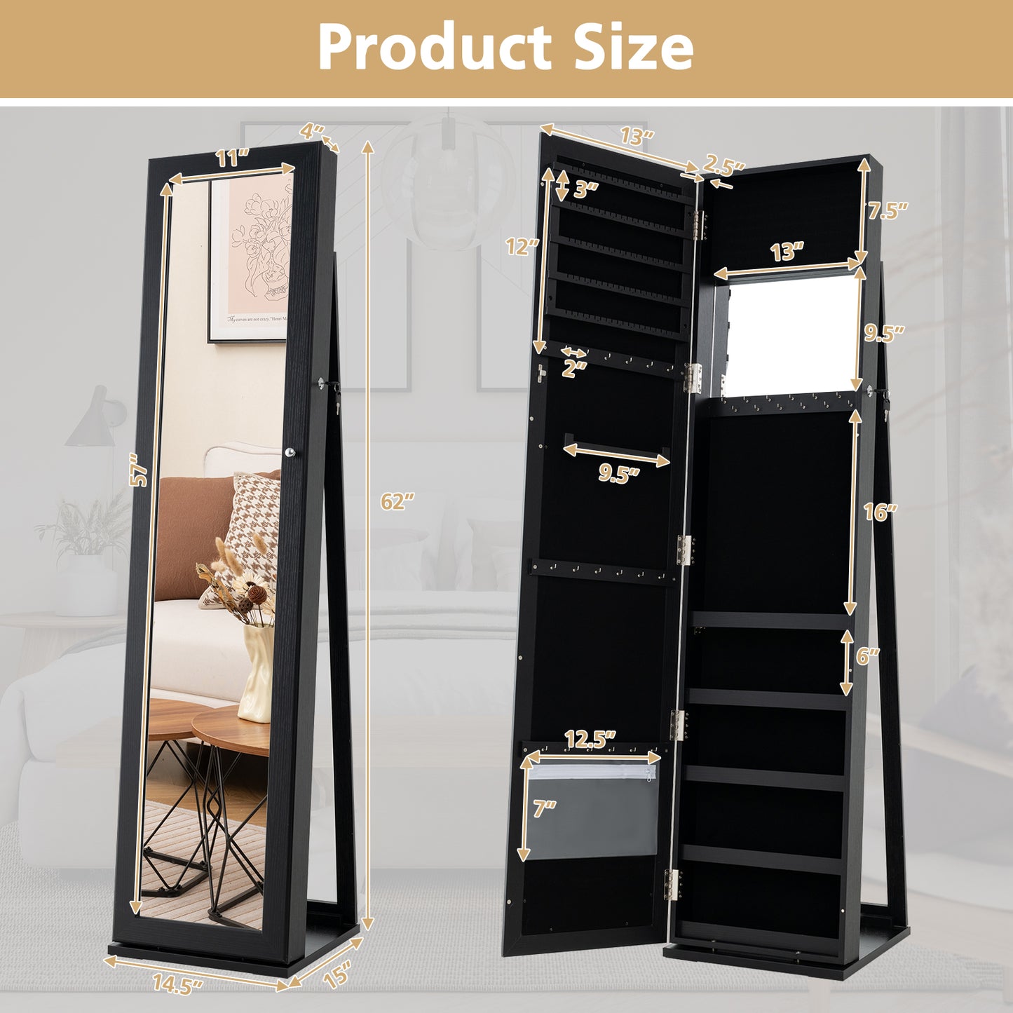 Tall Freestanding Mirror Jewelry Cabinet with Key Lock and Velvet Interior Black