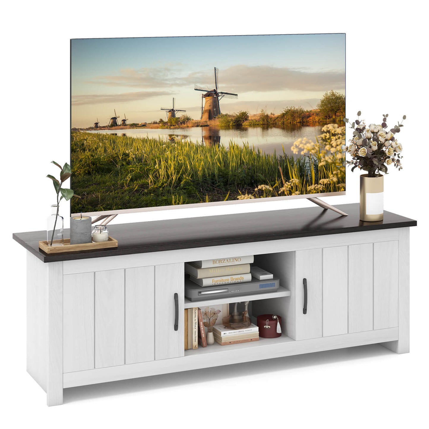 Modern TV Stand with Two Cabinets and Open Shelves for Flat Screen TVs up to 65 Inches - Dark Brown
