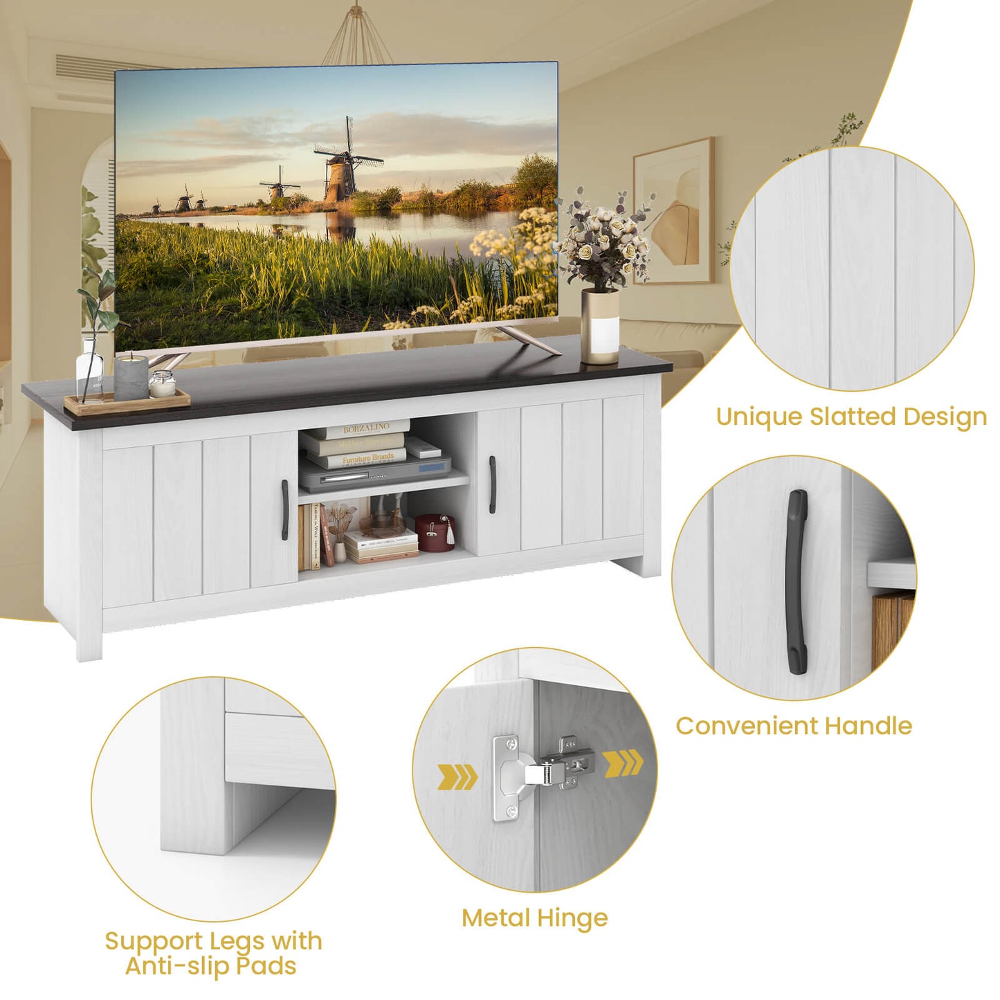 Modern TV Stand with Two Cabinets and Open Shelves for Flat Screen TVs up to 65 Inches - Dark Brown