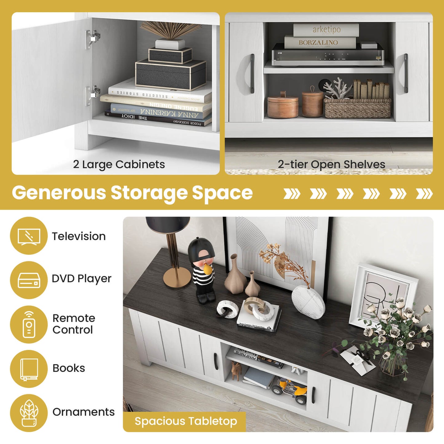 Modern TV Stand with Two Cabinets and Open Shelves for Flat Screen TVs up to 65 Inches - Dark Brown