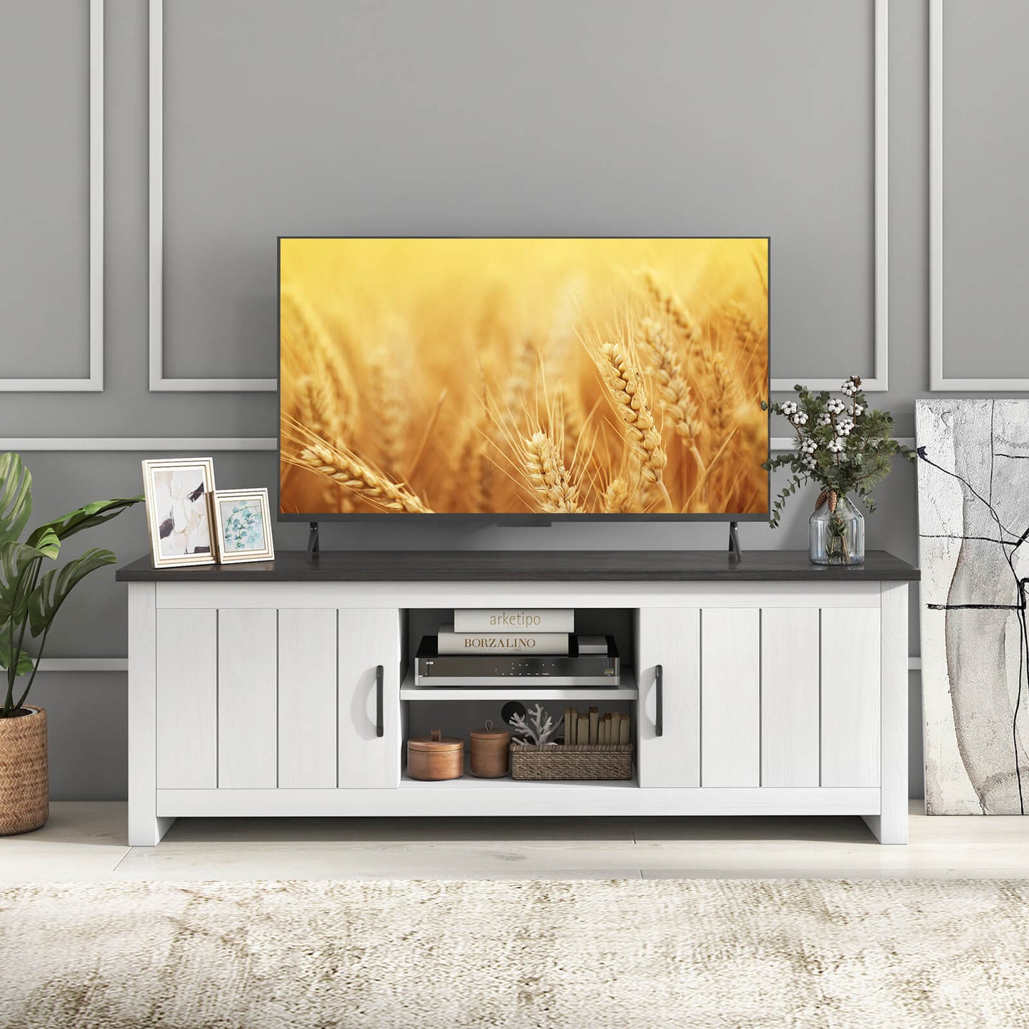Modern TV Stand with Two Cabinets and Open Shelves for Flat Screen TVs up to 65 Inches - Dark Brown