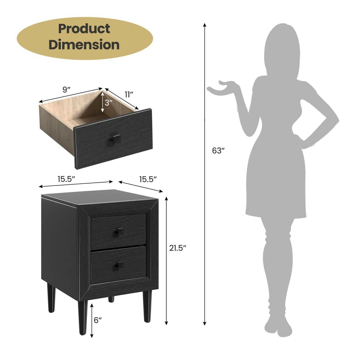 Set of 2 Retro Nightstands with 2 Drawers for Bedroom and Living Room Storage - Black