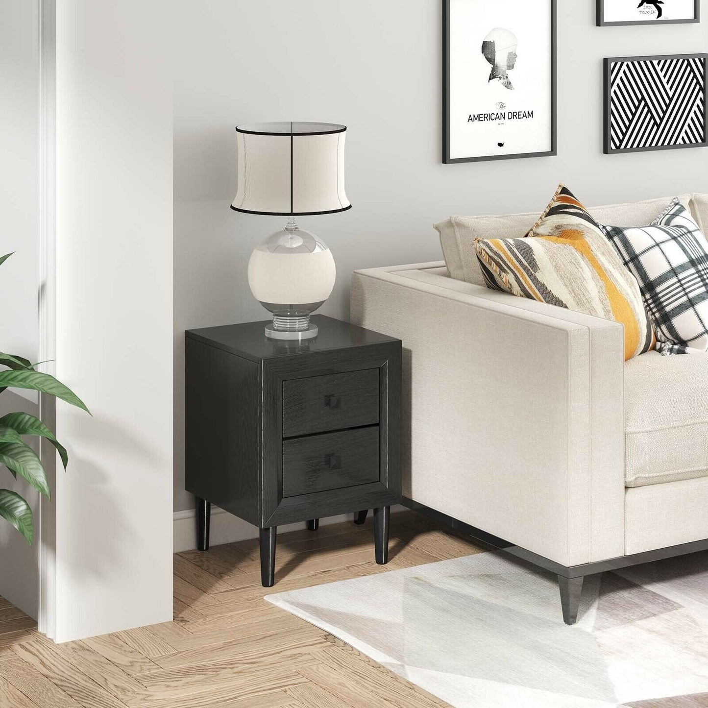 Set of 2 Retro Nightstands with 2 Drawers for Bedroom and Living Room Storage - Black