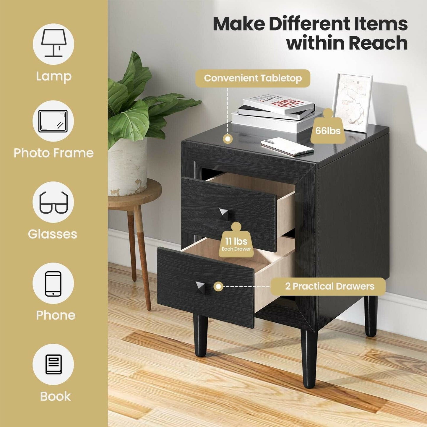 Set of 2 Retro Nightstands with 2 Drawers for Bedroom and Living Room Storage - Black