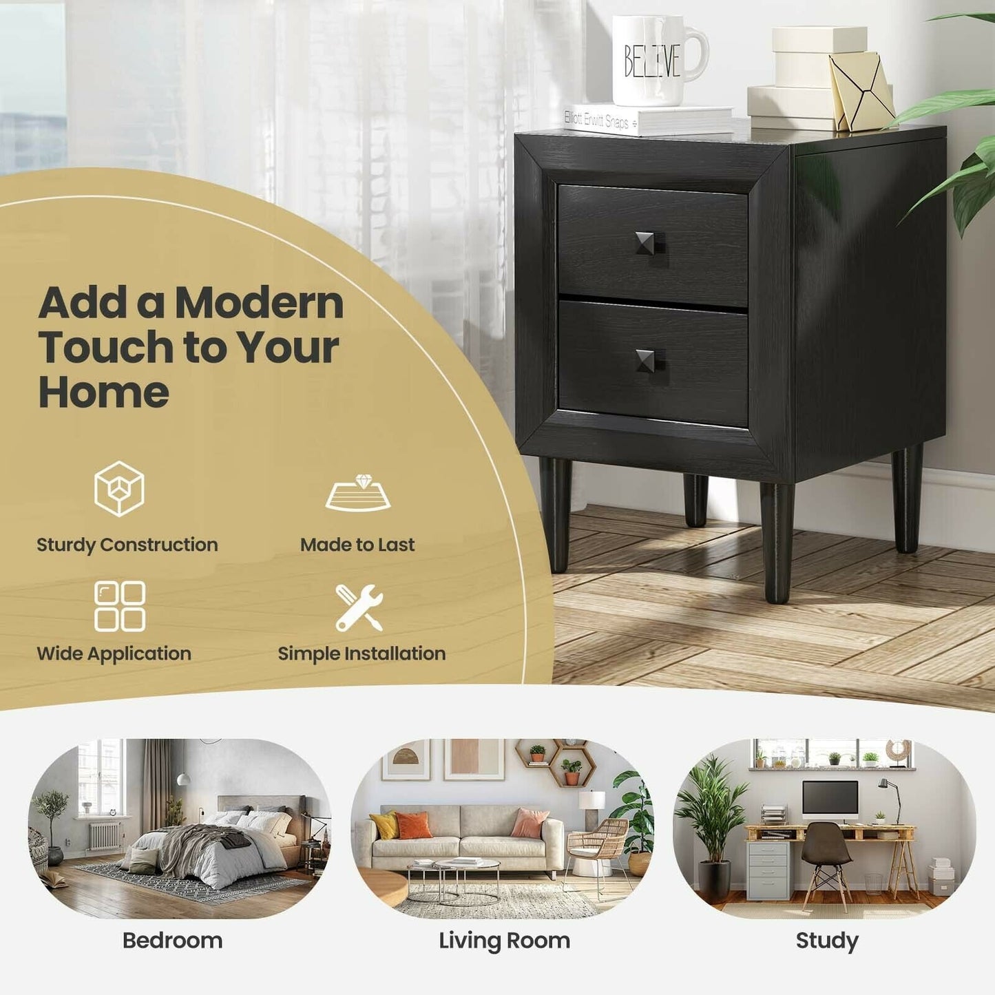 Set of 2 Retro Nightstands with 2 Drawers for Bedroom and Living Room Storage - Black