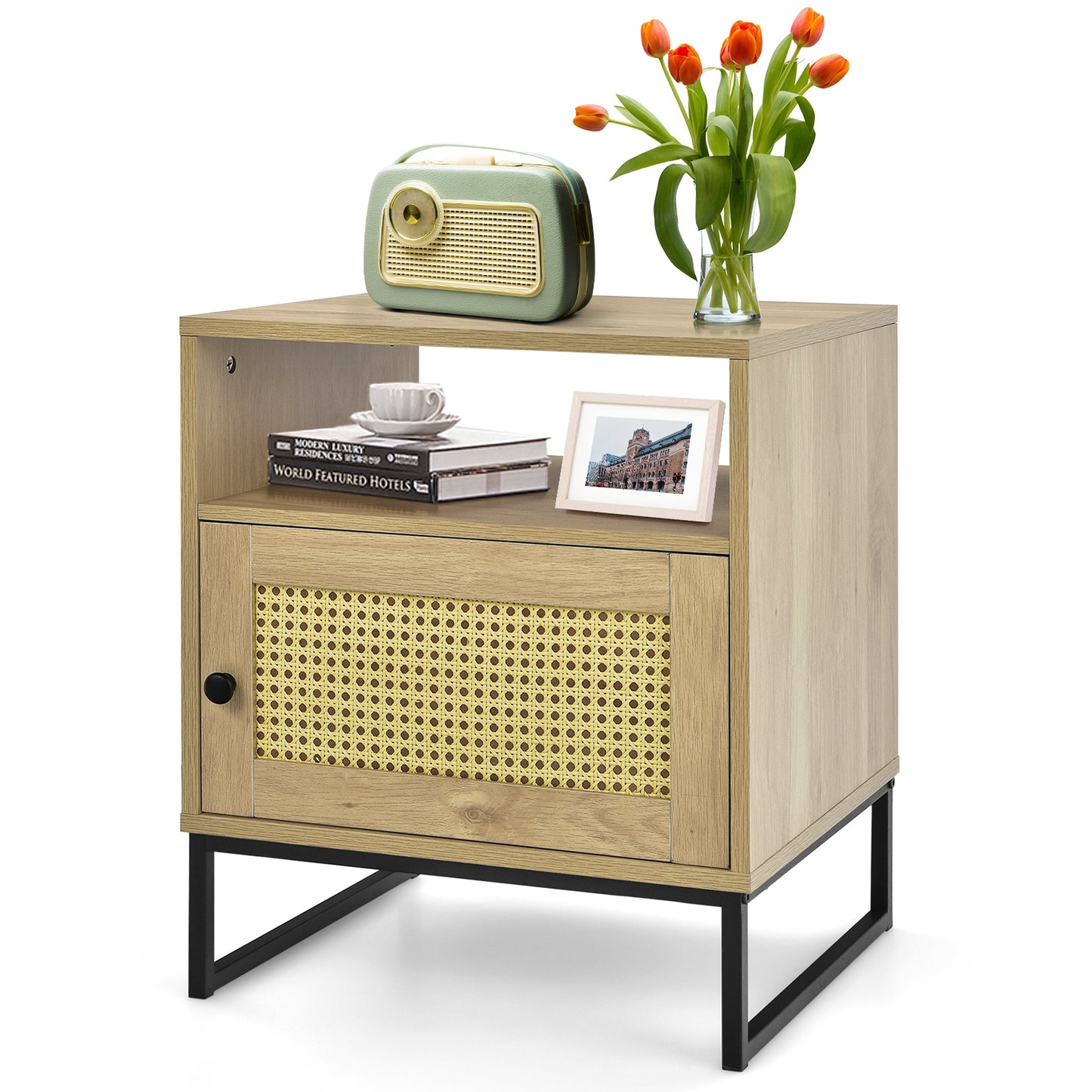 Modern Wooden Nightstand with Storage Cabinet and Rattan Door for Bedroom or Living Room