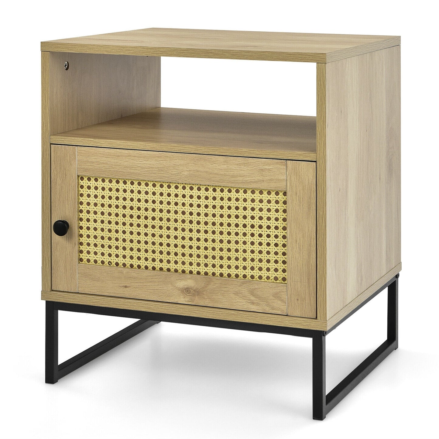 Modern Wooden Nightstand with Storage Cabinet and Rattan Door for Bedroom or Living Room