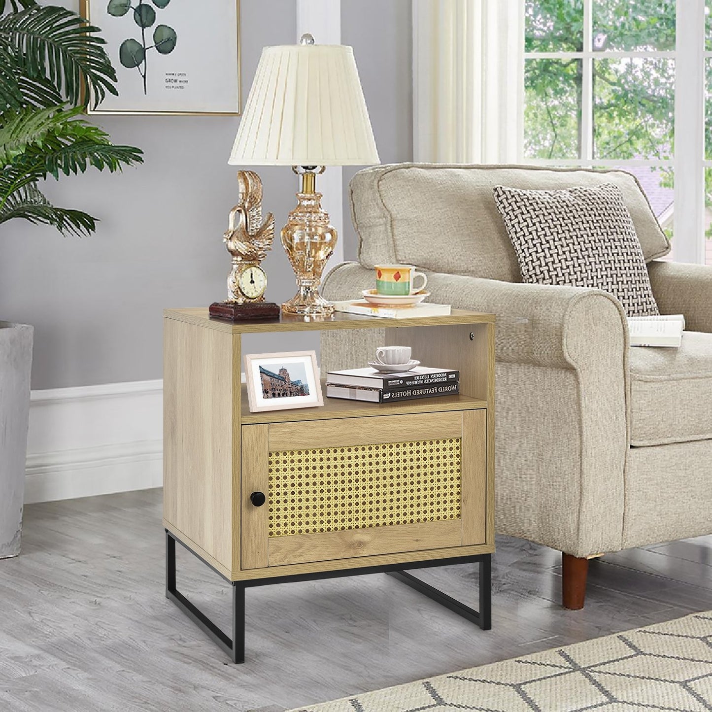 Modern Wooden Nightstand with Storage Cabinet and Rattan Door for Bedroom or Living Room