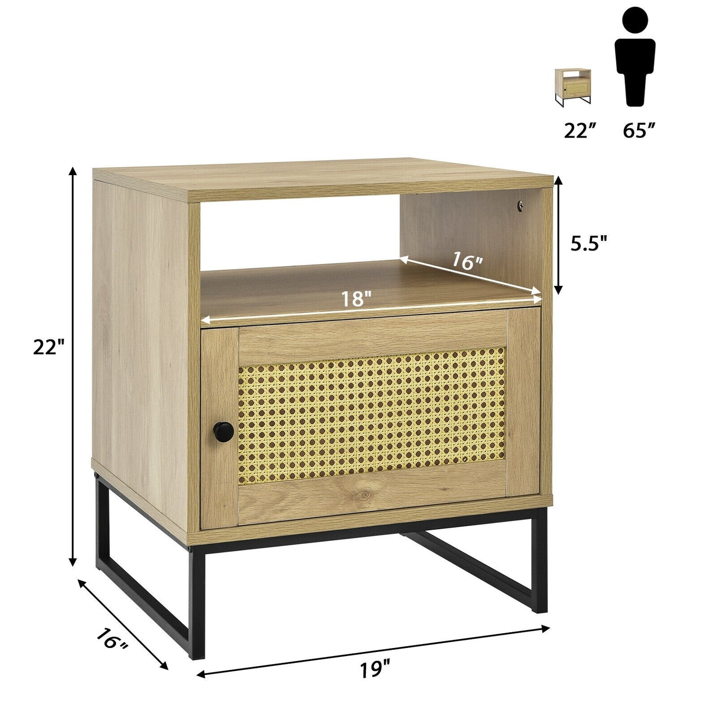 Modern Wooden Nightstand with Storage Cabinet and Rattan Door for Bedroom or Living Room