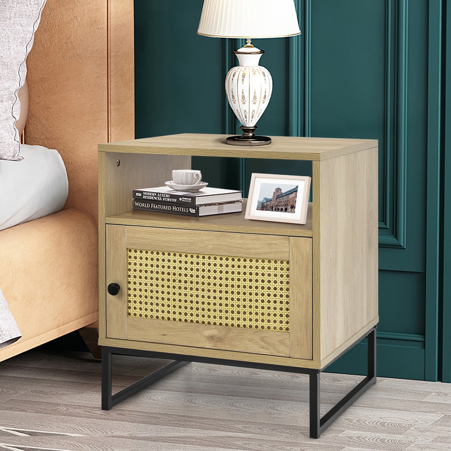 Modern Wooden Nightstand with Storage Cabinet and Rattan Door for Bedroom or Living Room
