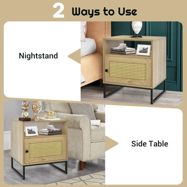 Modern Wooden Nightstand with Storage Cabinet and Rattan Door for Bedroom or Living Room