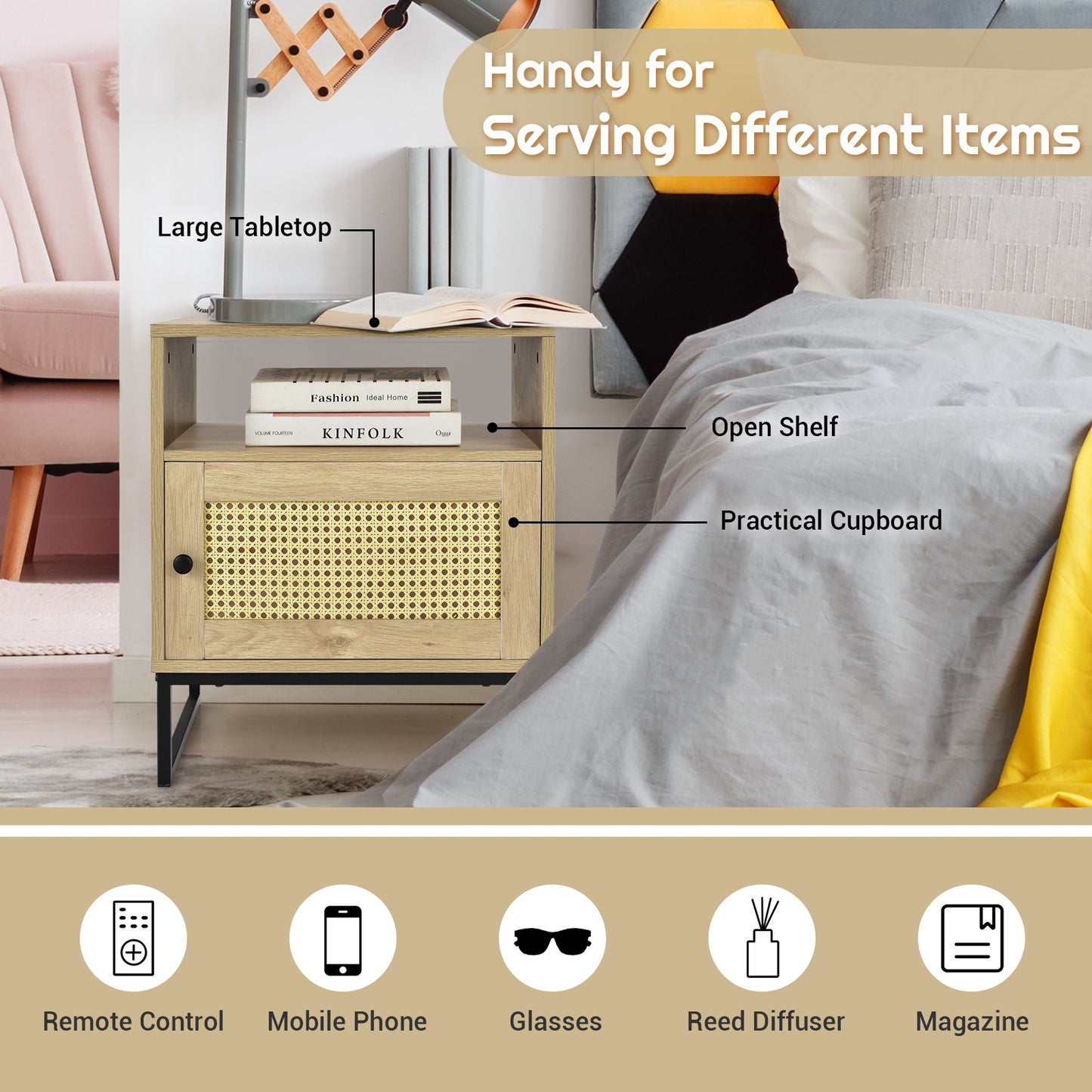 Modern Wooden Nightstand with Storage Cabinet and Rattan Door for Bedroom or Living Room