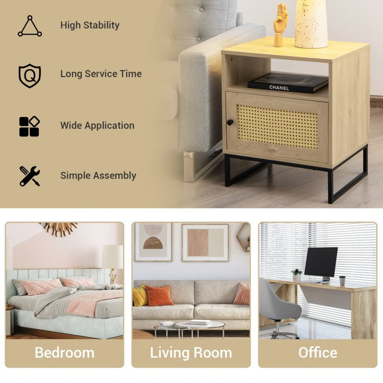 Modern Wooden Nightstand with Storage Cabinet and Rattan Door for Bedroom or Living Room