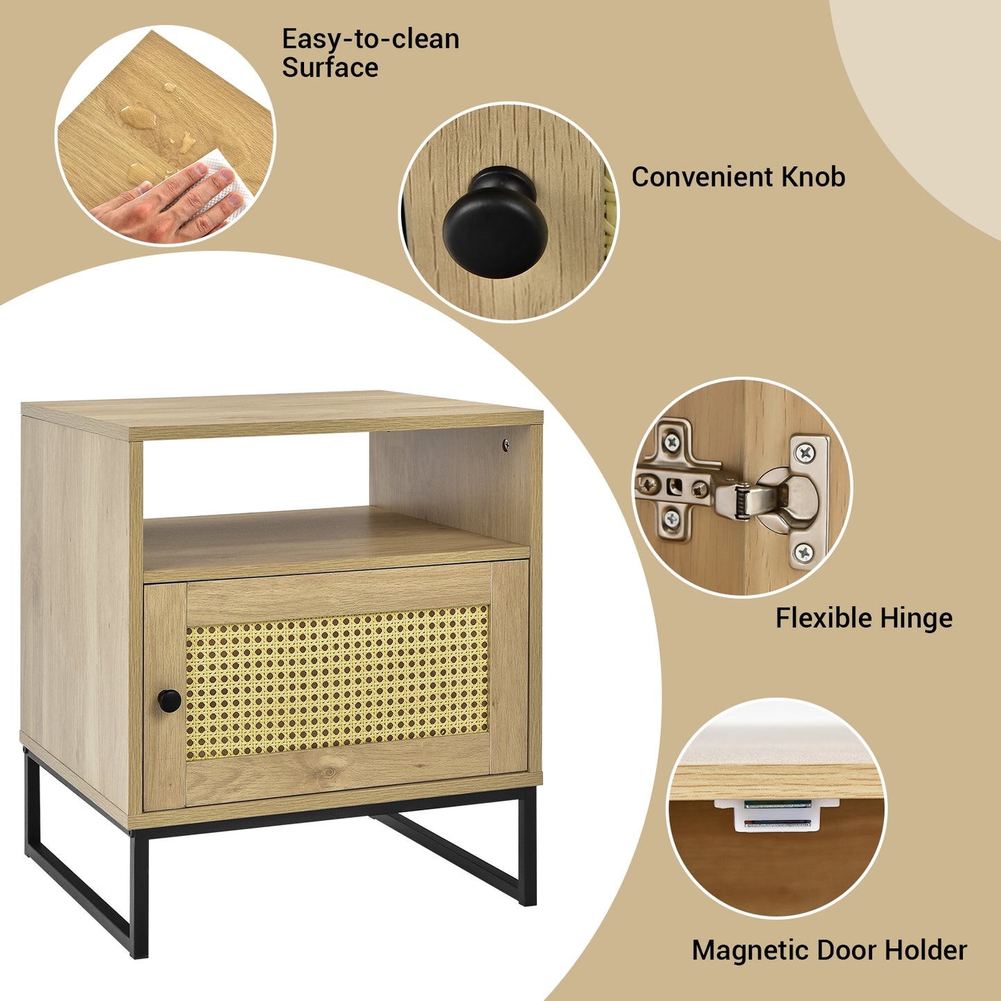 Modern Wooden Nightstand with Storage Cabinet and Rattan Door for Bedroom or Living Room