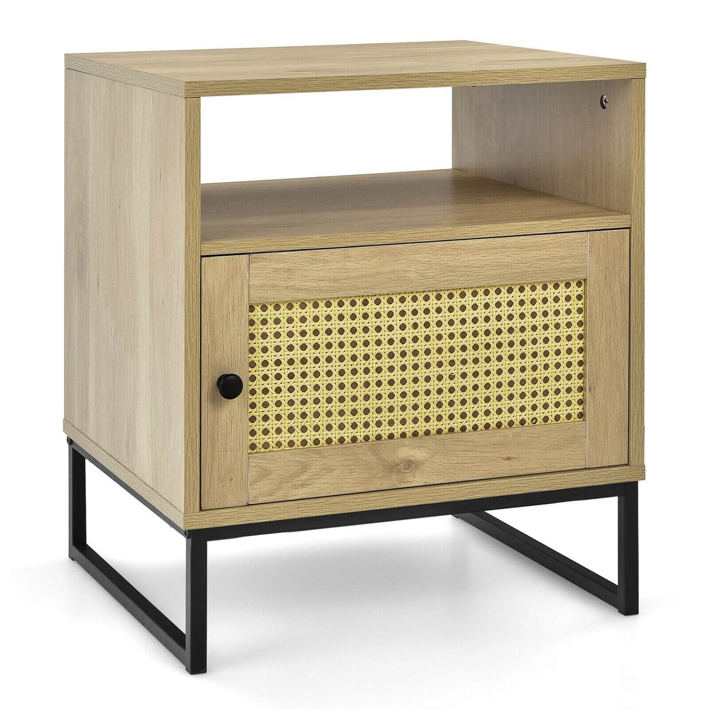 Modern Wooden Nightstand with Storage Cabinet and Rattan Door for Bedroom or Living Room