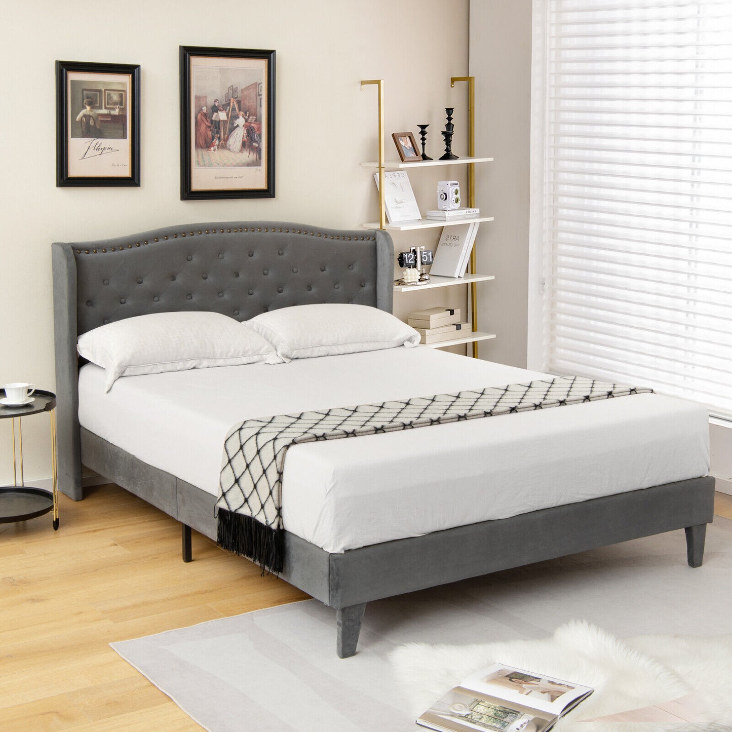 Elegant Upholstered Platform Bed Frame with Button Tufted Headboard – Full/Queen Size