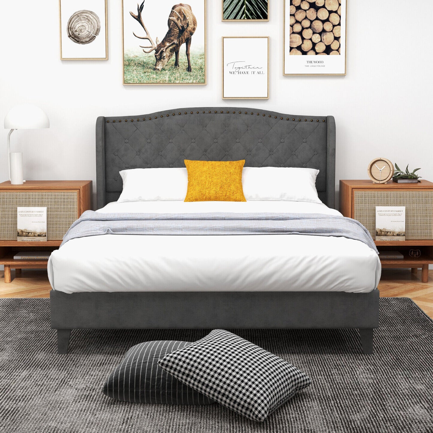 Elegant Upholstered Platform Bed Frame with Button Tufted Headboard – Full/Queen Size