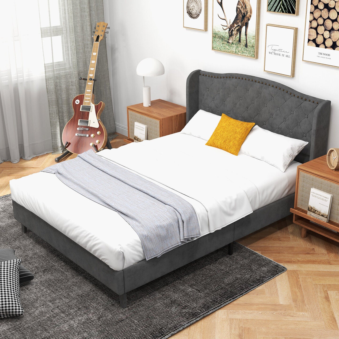 Elegant Upholstered Platform Bed Frame with Button Tufted Headboard – Full/Queen Size