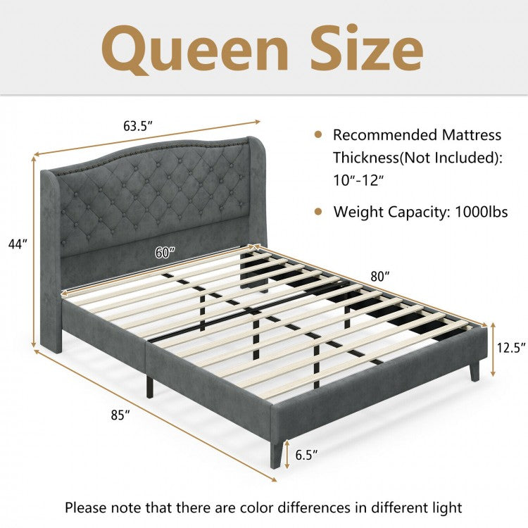 Elegant Upholstered Platform Bed Frame with Button Tufted Headboard – Full/Queen Size