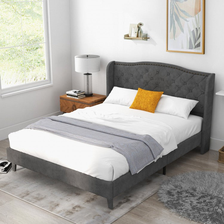 Elegant Upholstered Platform Bed Frame with Button Tufted Headboard – Full/Queen Size