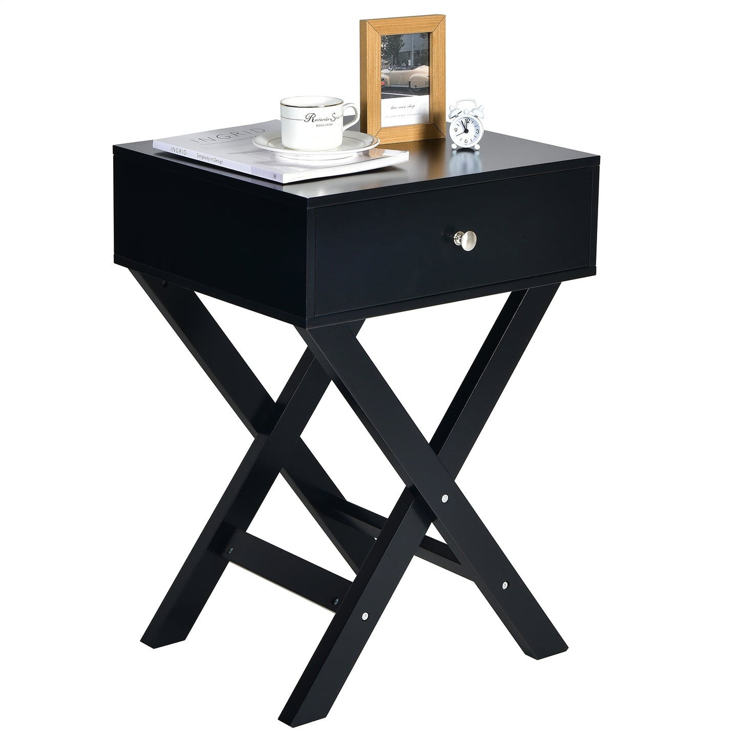 Modern Nightstand with Drawer and X-Frame Base for Bedroom or Living Room - Black